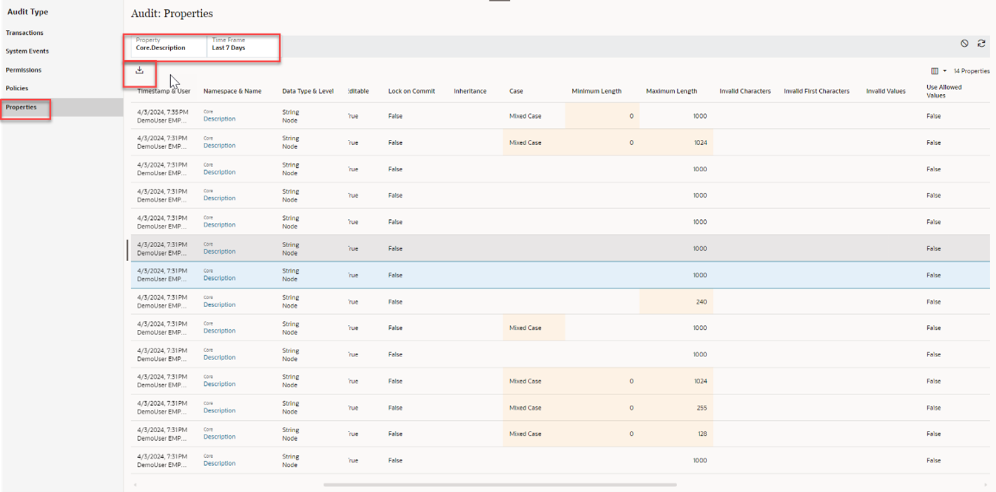 Oracle EDM screenshot audit properties