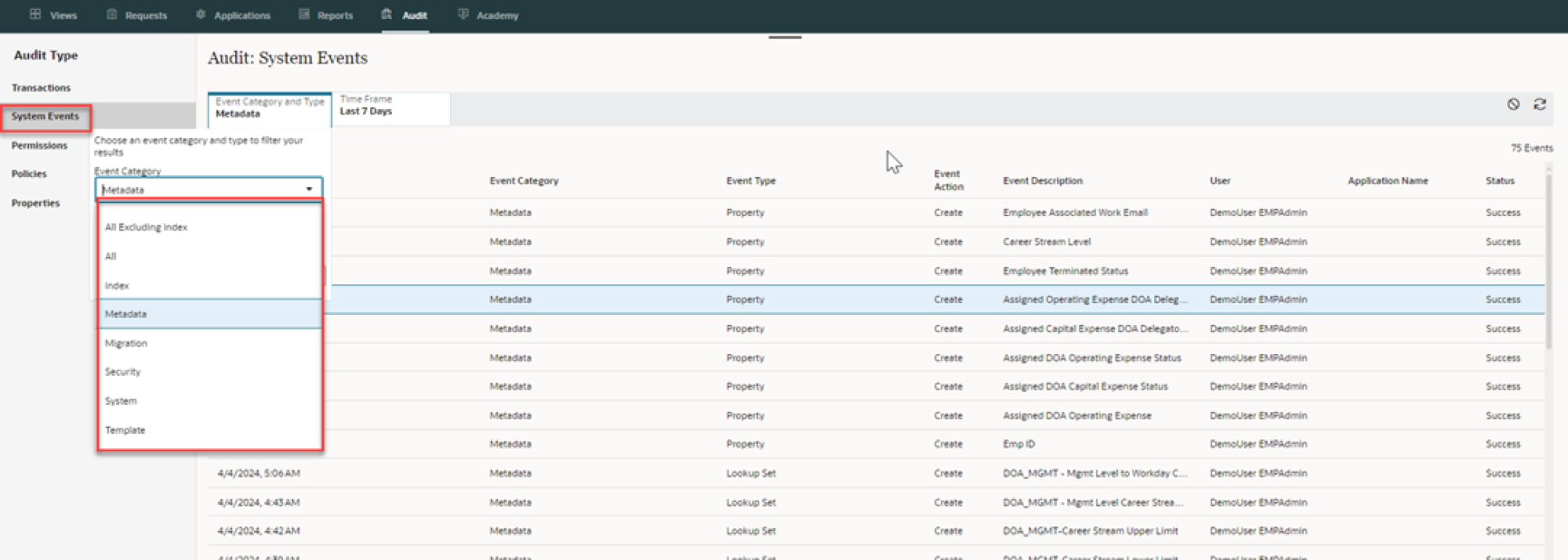 Oracle EDM screenshot audit system events