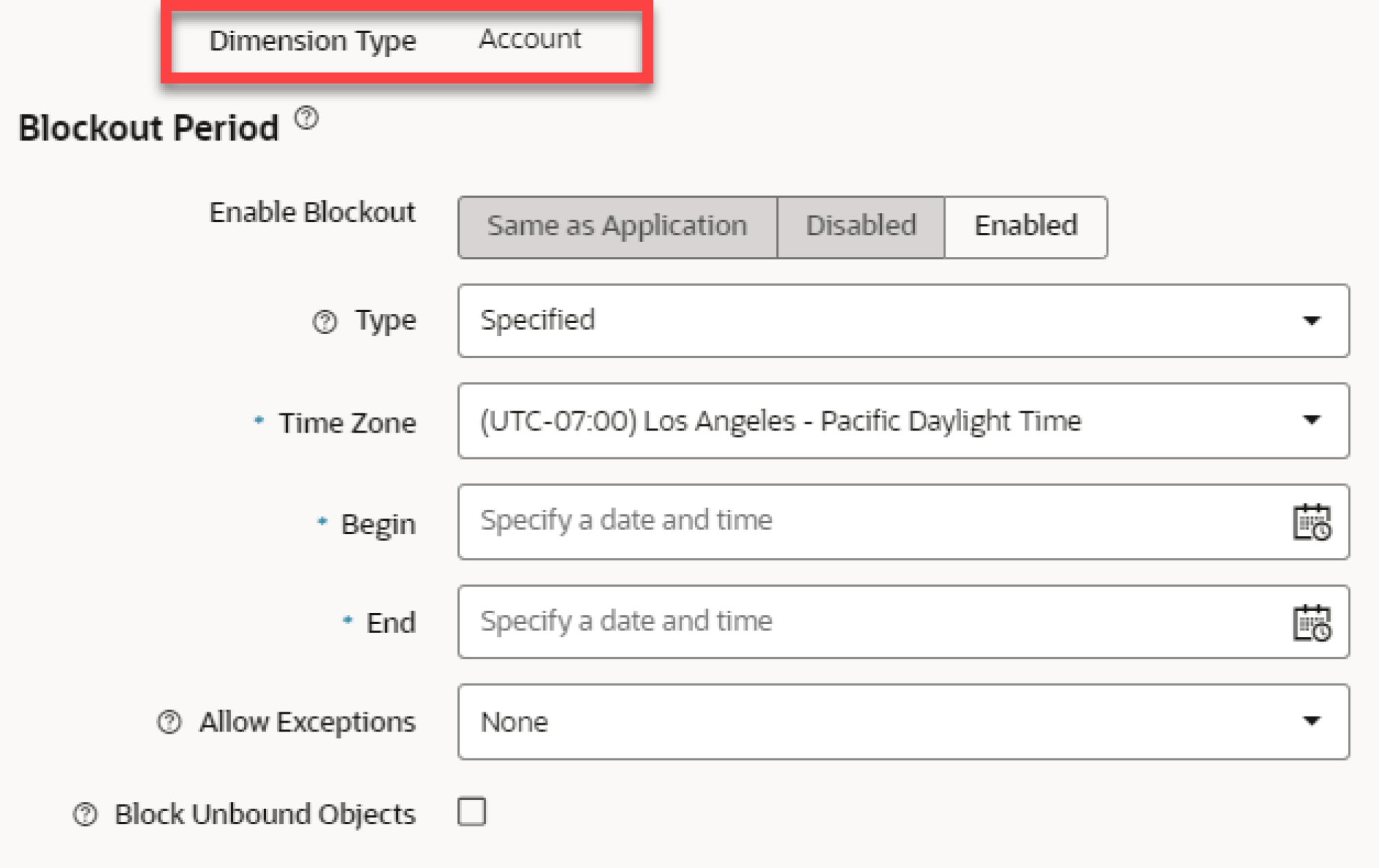 Oracle EDM screenshot showing new dimension blackout period options