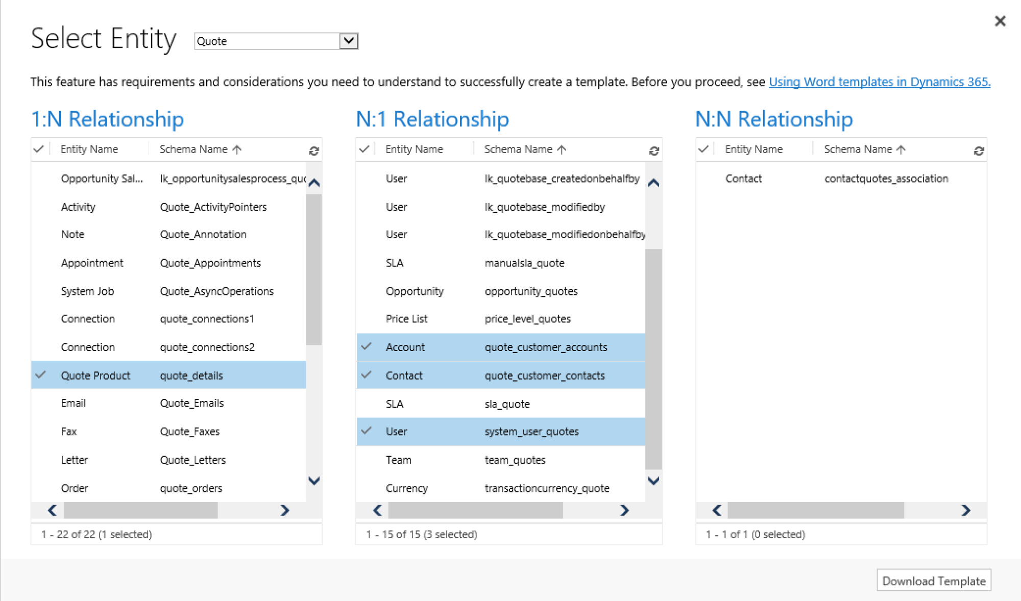 Select Entity: Creating a quote template