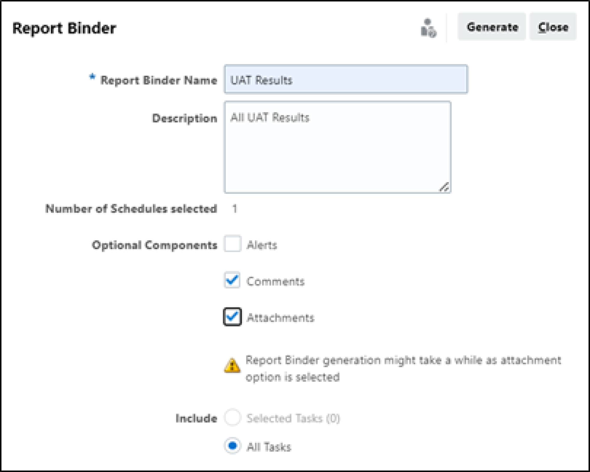 Oracle Task Manager screenshot showing completed report binder form