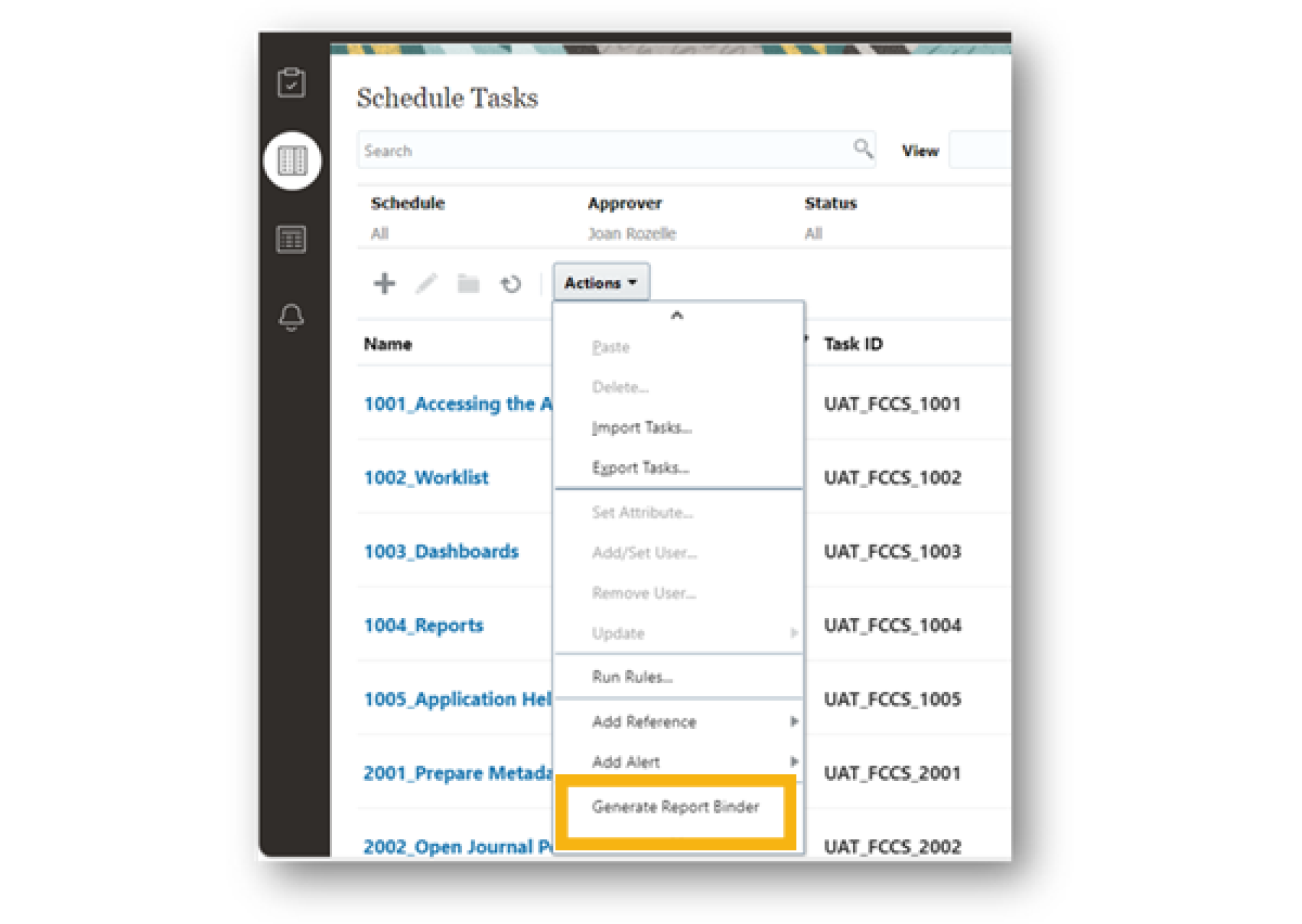 Oracle Task Manager screenshot select report binder