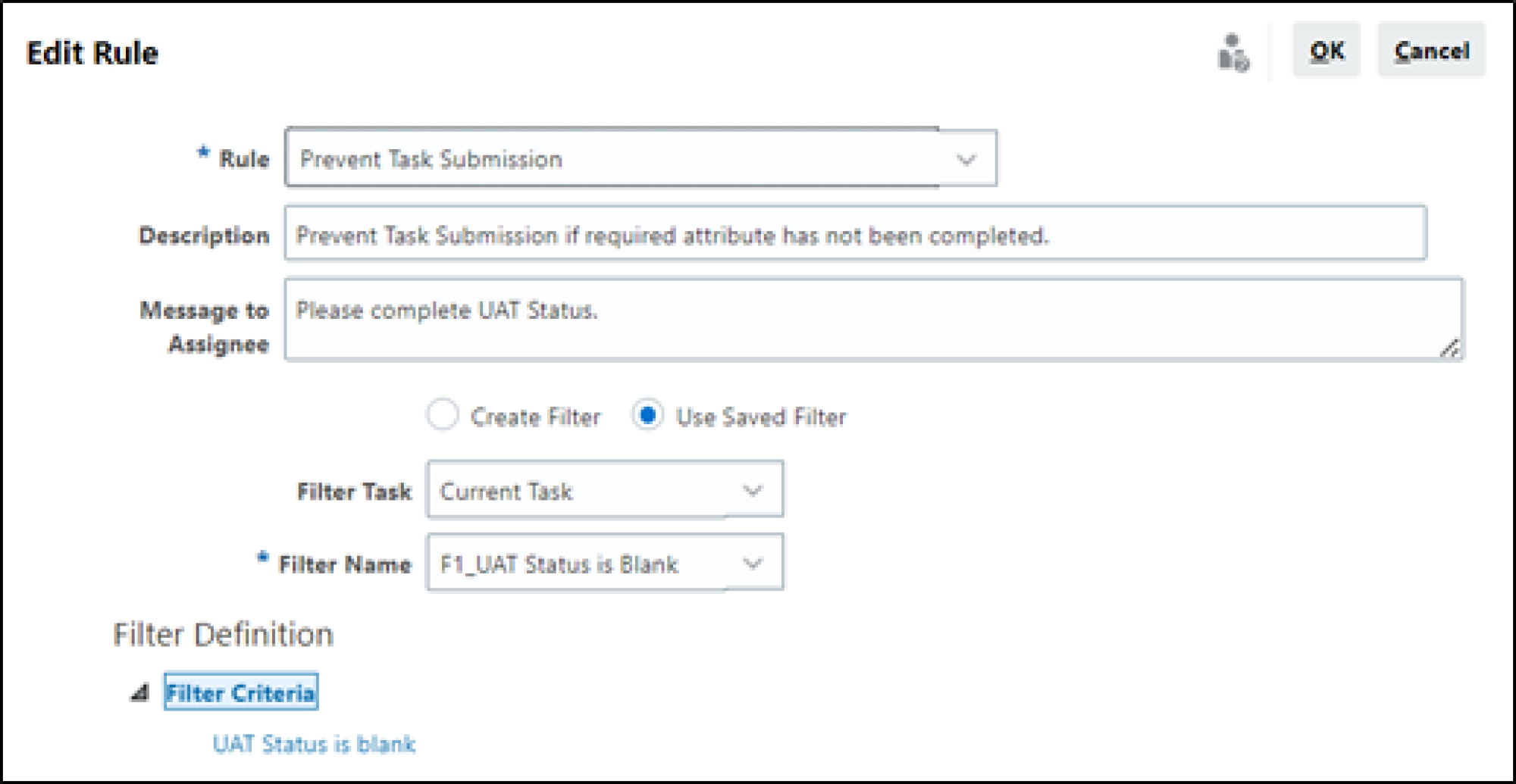 screenshot of Oracle Task Manager showing edit rules screen